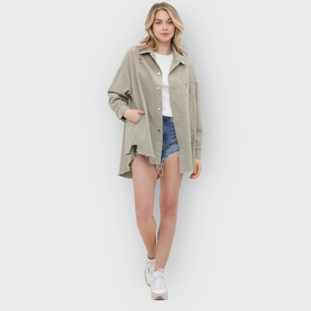 Blue B Collection Large Sage Green Oversized Button Shacket Distressed Boho - Picture 2 of 8